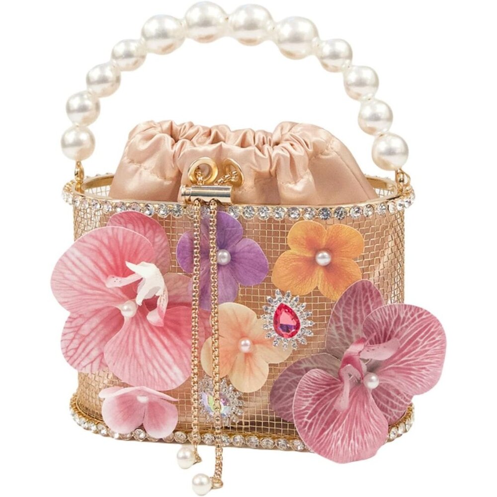 ⚡ Women's Multi Flower Shaped Rhinestone Evening Metallic Bucket Crossbody Bag